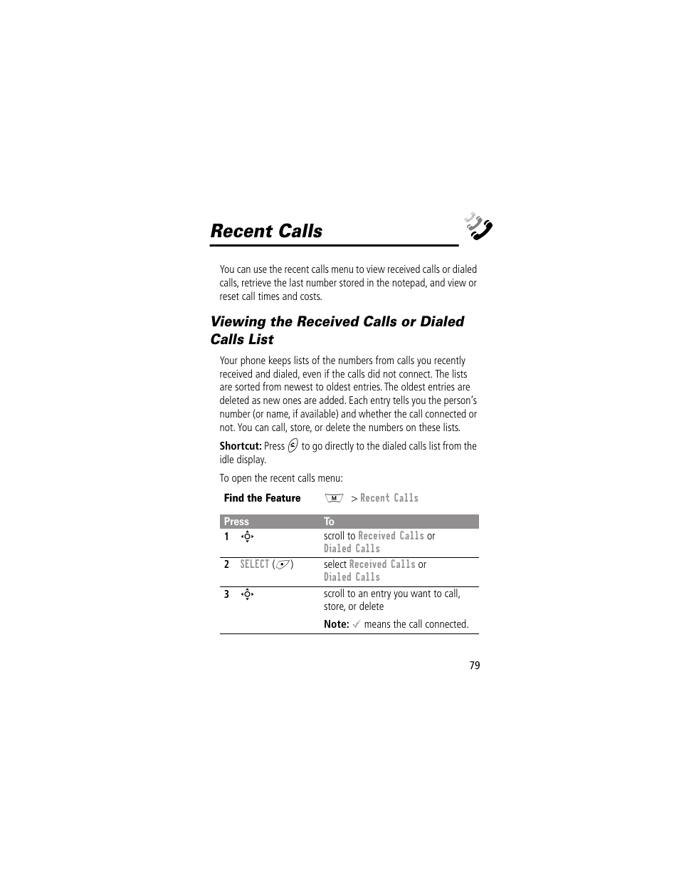 Recent calls, Viewing the received calls or dialed calls list | Motorola 280 User Manual | Page 81 / 222