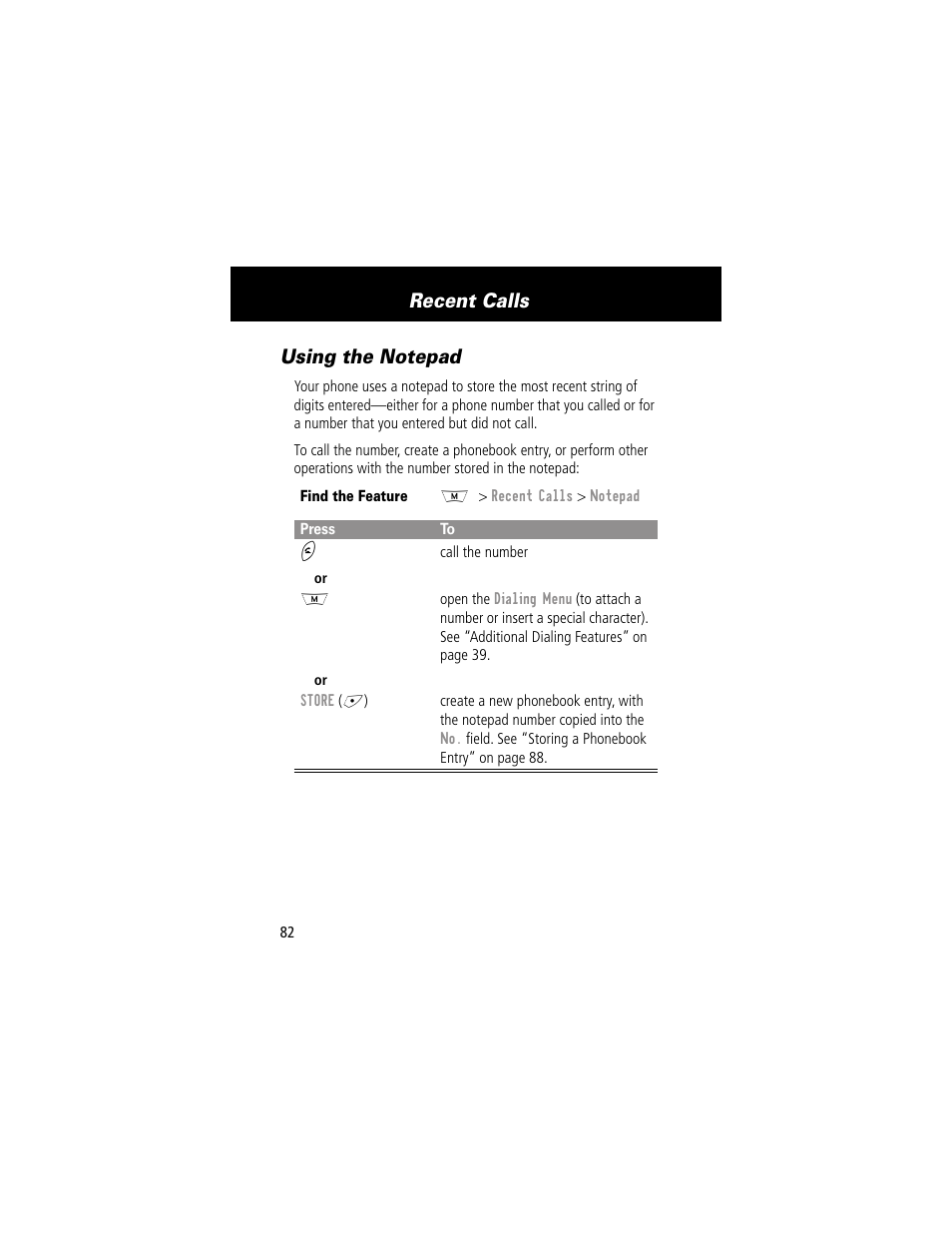 Using the notepad, Recent calls | Motorola 280 User Manual | Page 84 / 222