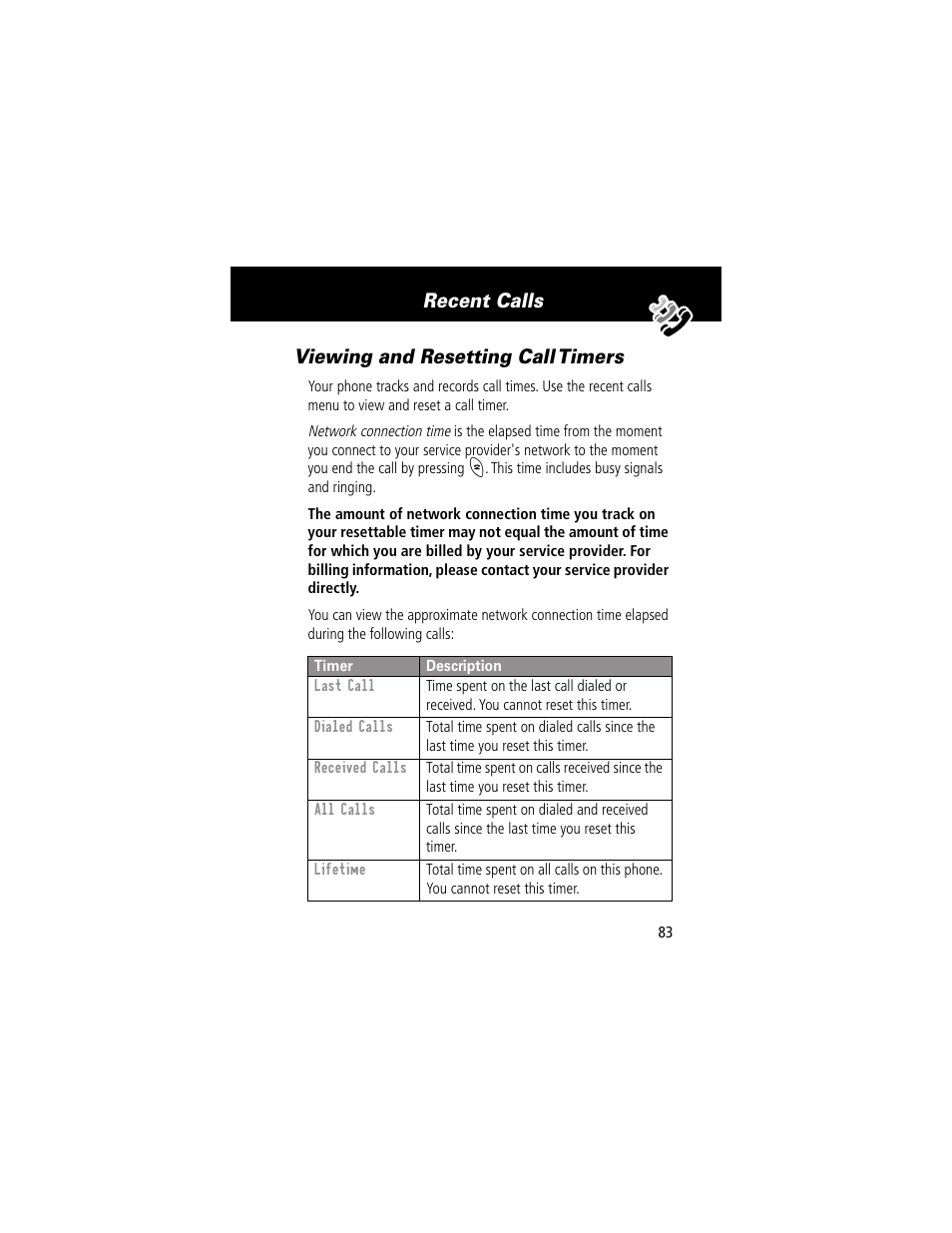 Viewing and resetting call timers, Recent calls viewing and resetting call timers | Motorola 280 User Manual | Page 85 / 222