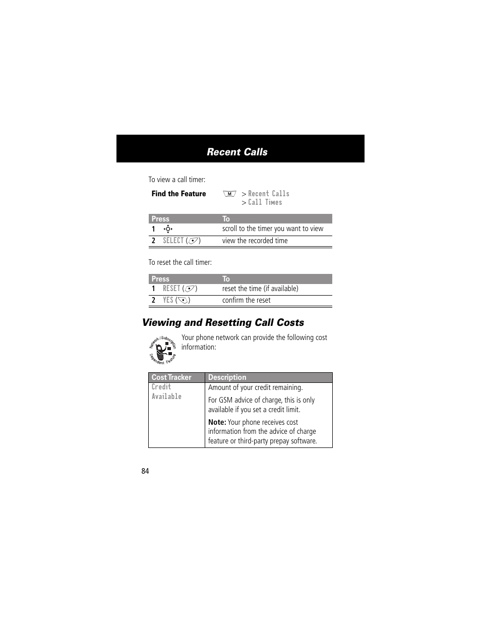 Viewing and resetting call costs, Recent calls | Motorola 280 User Manual | Page 86 / 222