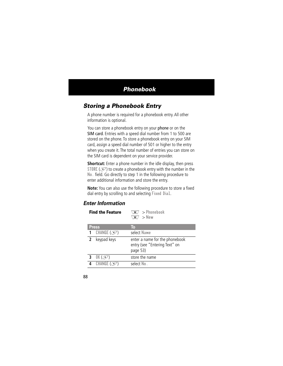 Storing a phonebook entry, Phonebook | Motorola 280 User Manual | Page 90 / 222