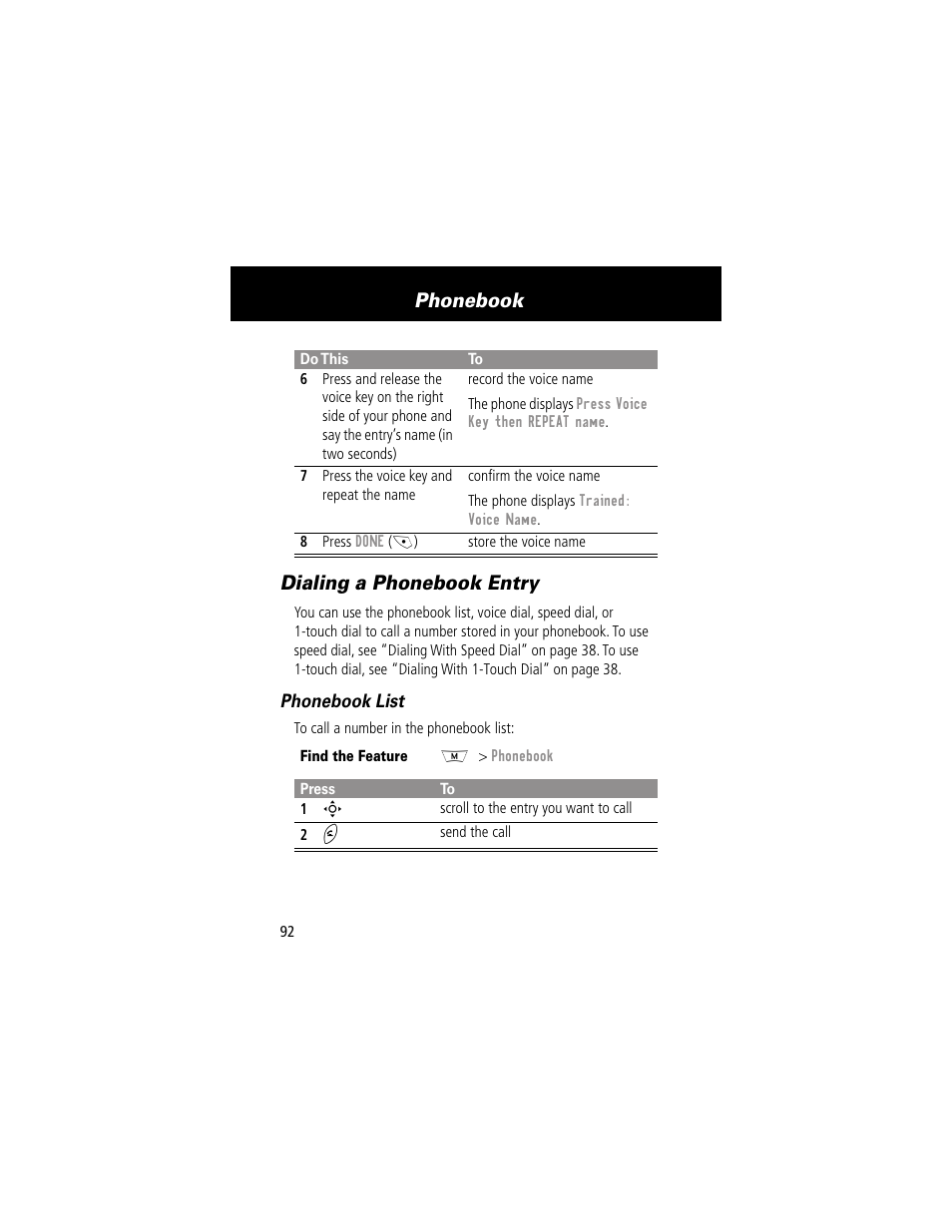 Dialing a phonebook entry, Sending a text message, Phonebook | Motorola 280 User Manual | Page 94 / 222