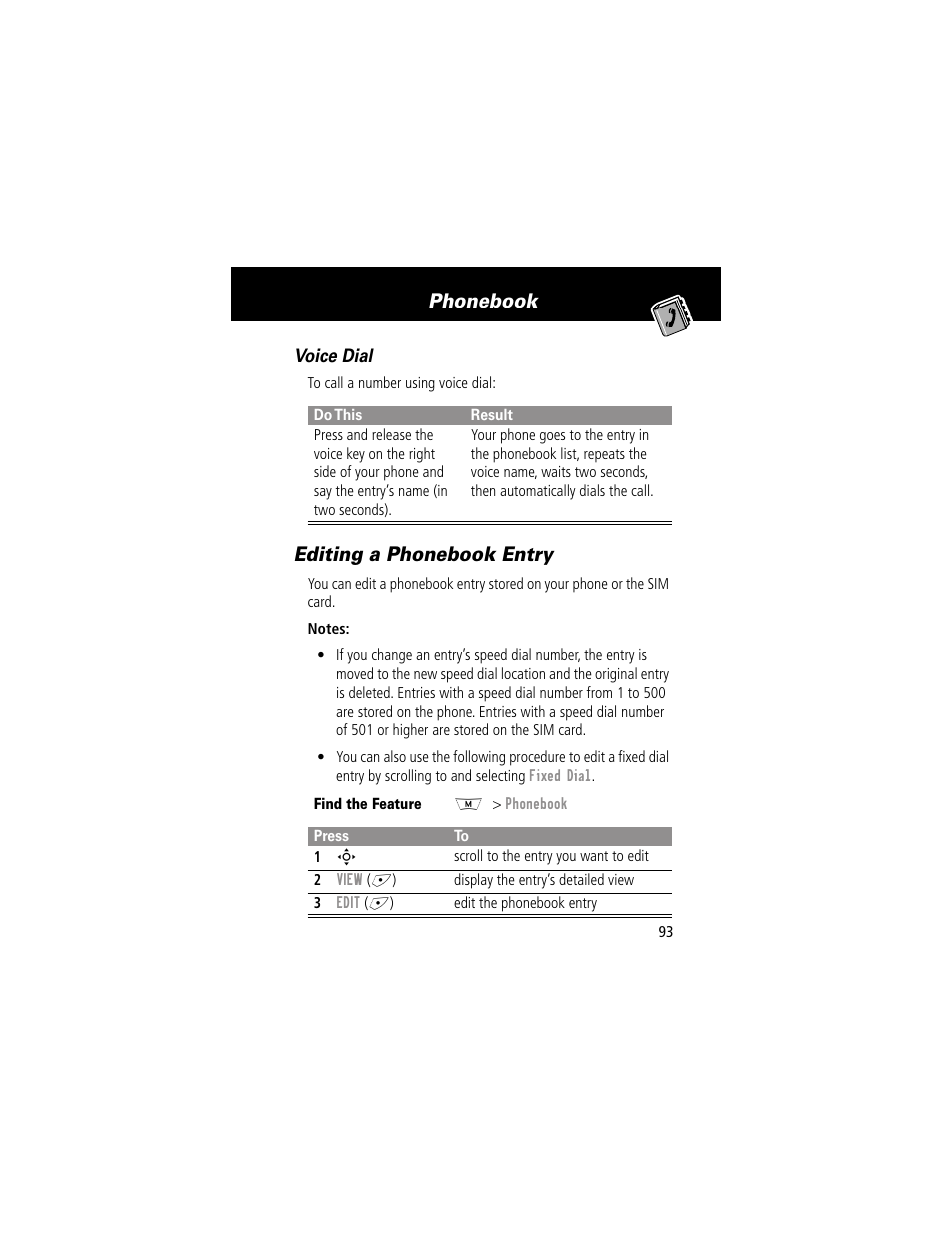 Editing a phonebook entry, Phonebook | Motorola 280 User Manual | Page 95 / 222