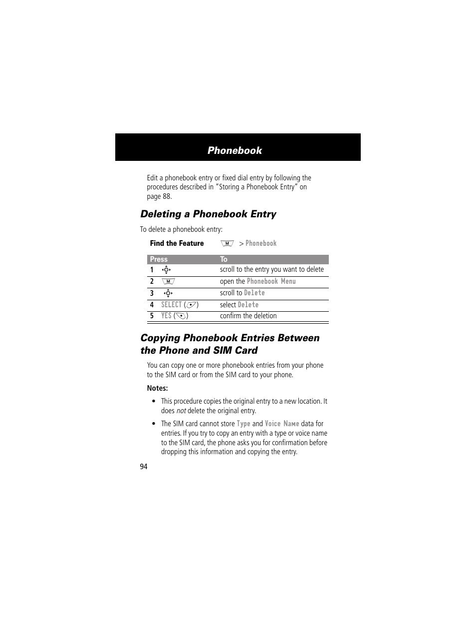 Deleting a phonebook entry, Phonebook | Motorola 280 User Manual | Page 96 / 222