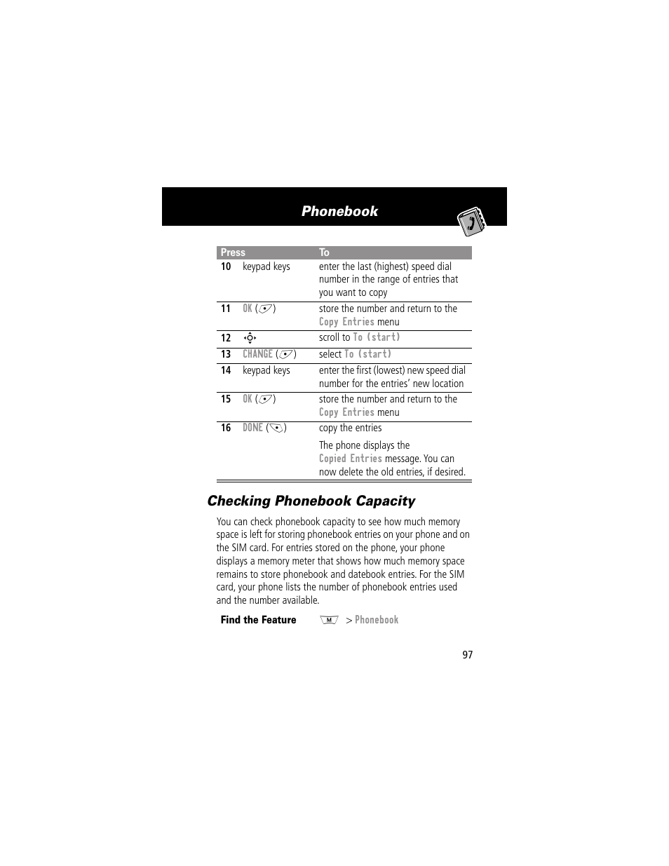 Checking phonebook capacity, Phonebook checking phonebook capacity | Motorola 280 User Manual | Page 99 / 222