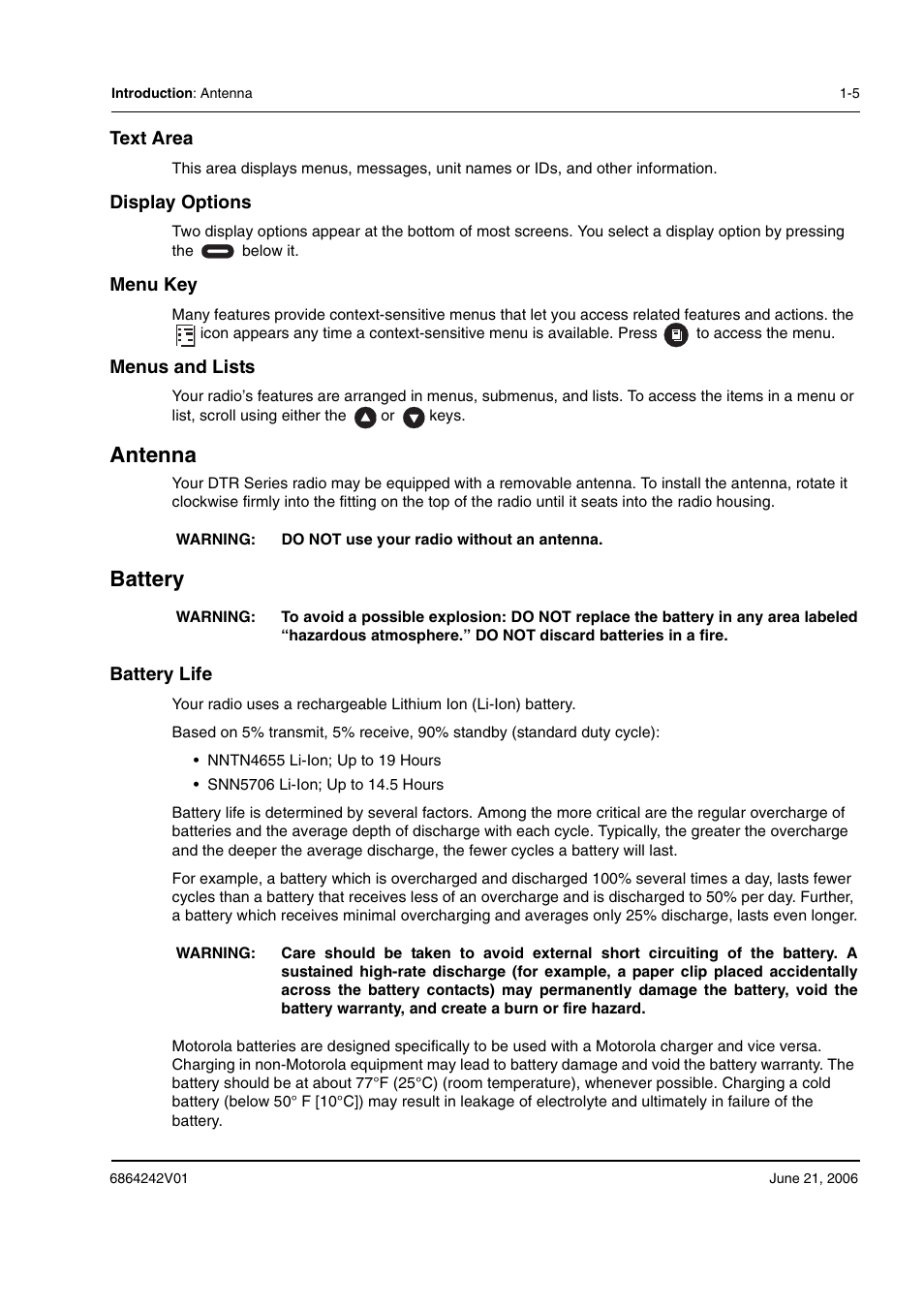 Antenna, Battery | Motorola DTR2430 User Manual | Page 11 / 68