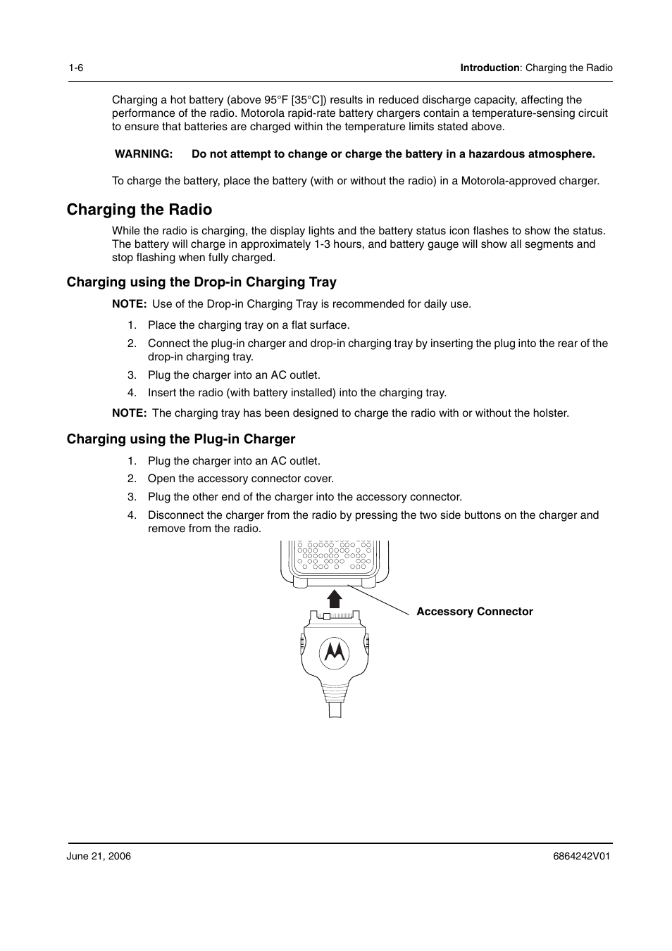 Charging the radio, Charging using the drop-in charging tray, Charging using the plug-in charger | Motorola DTR2430 User Manual | Page 12 / 68