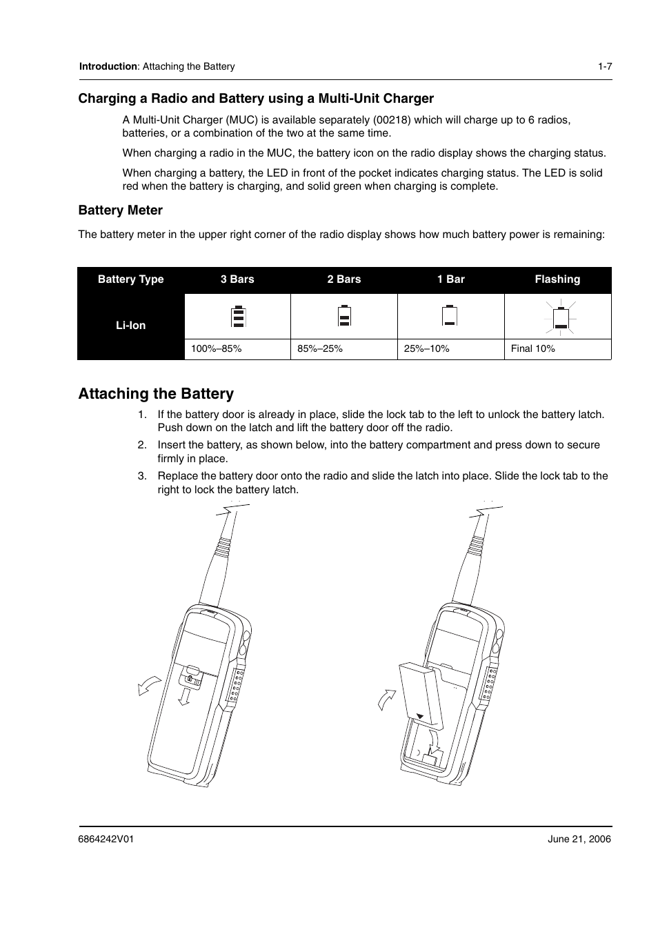 Attaching the battery, Battery meter | Motorola DTR2430 User Manual | Page 13 / 68