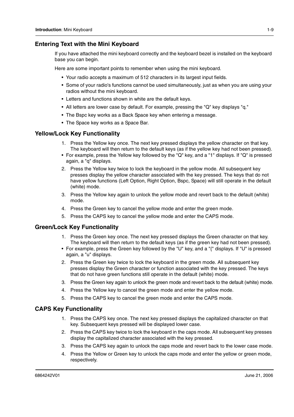 Entering text with the mini keyboard, Yellow/lock key functionality, Green/lock key functionality | Caps key functionality | Motorola DTR2430 User Manual | Page 15 / 68