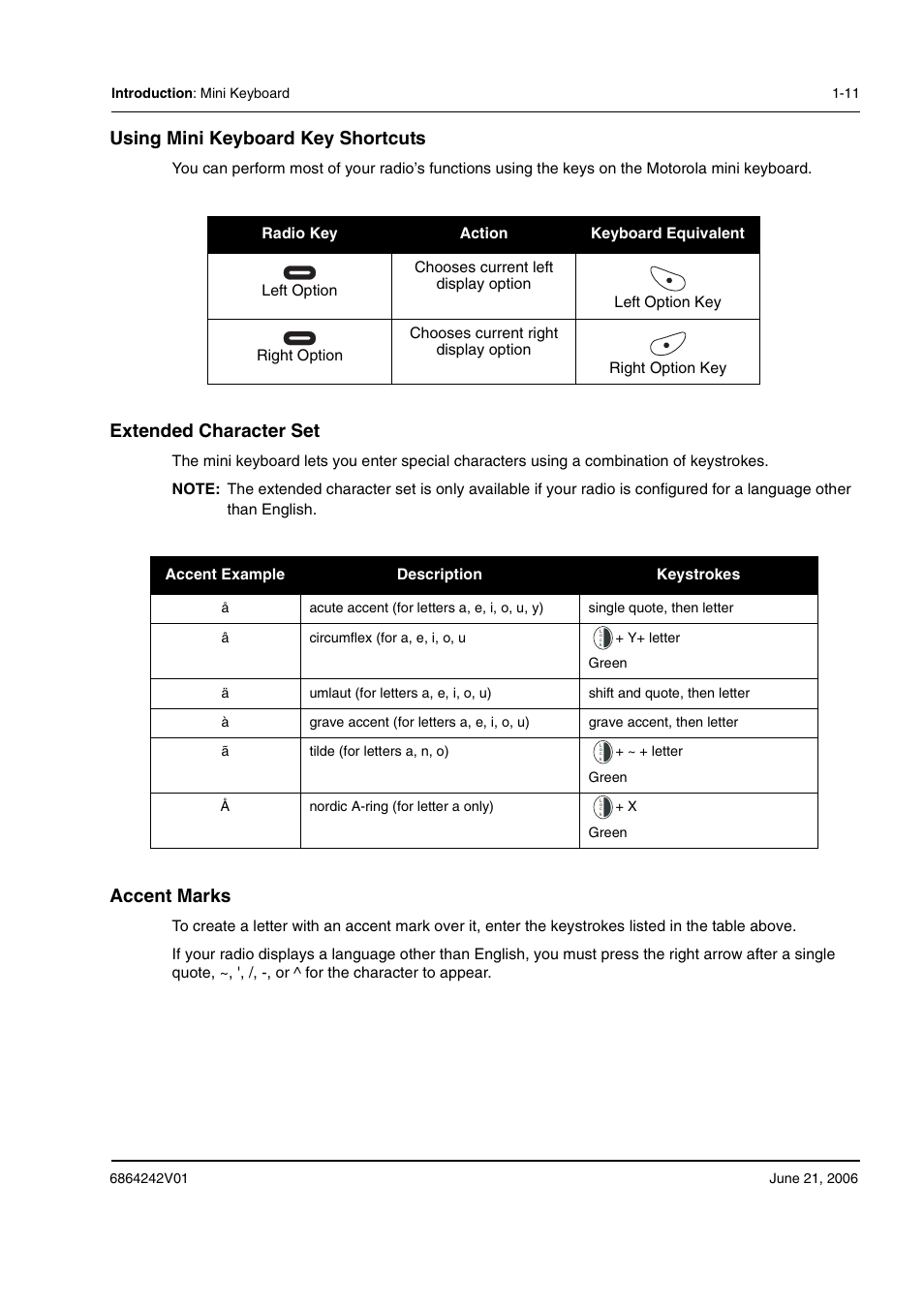 Using mini keyboard key shortcuts, Extended character set, Accent marks | Motorola DTR2430 User Manual | Page 17 / 68