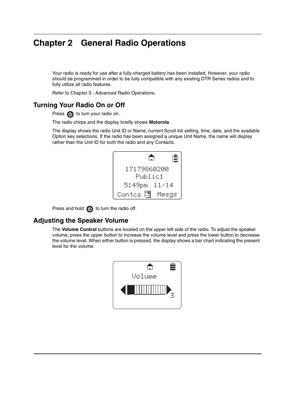 Chapter 2 general radio operations, Volume 3 | Motorola DTR2430 User Manual | Page 21 / 68