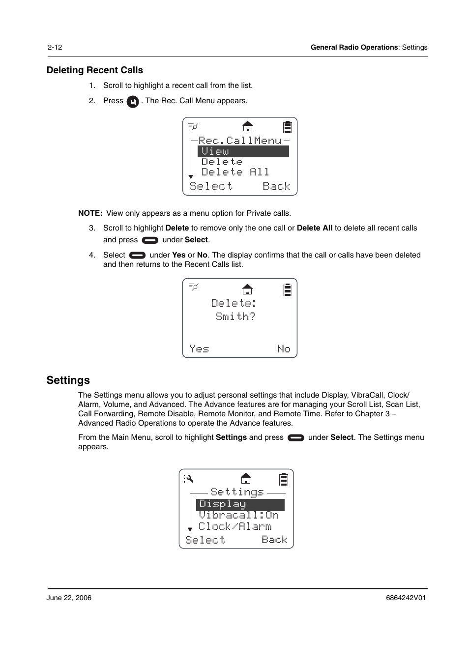 Select back, Delete all delete rec.callmenu, View | Settings | Motorola DTR2430 User Manual | Page 32 / 68