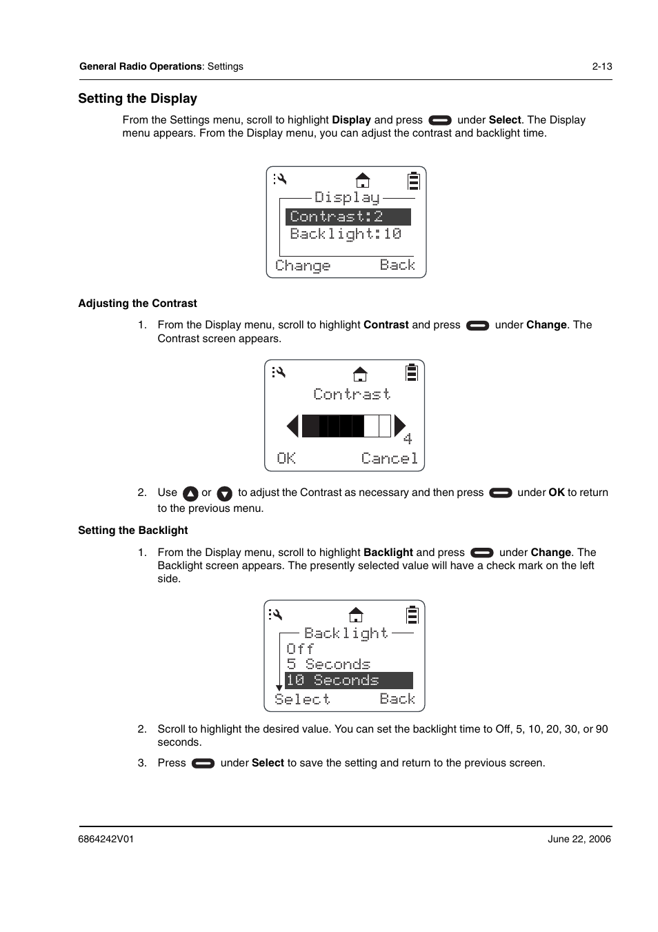 Ok cancel contrast 4, Display contrast:2 backlight:10 change back, Off 5 seconds 10 seconds select back backlight | Motorola DTR2430 User Manual | Page 33 / 68