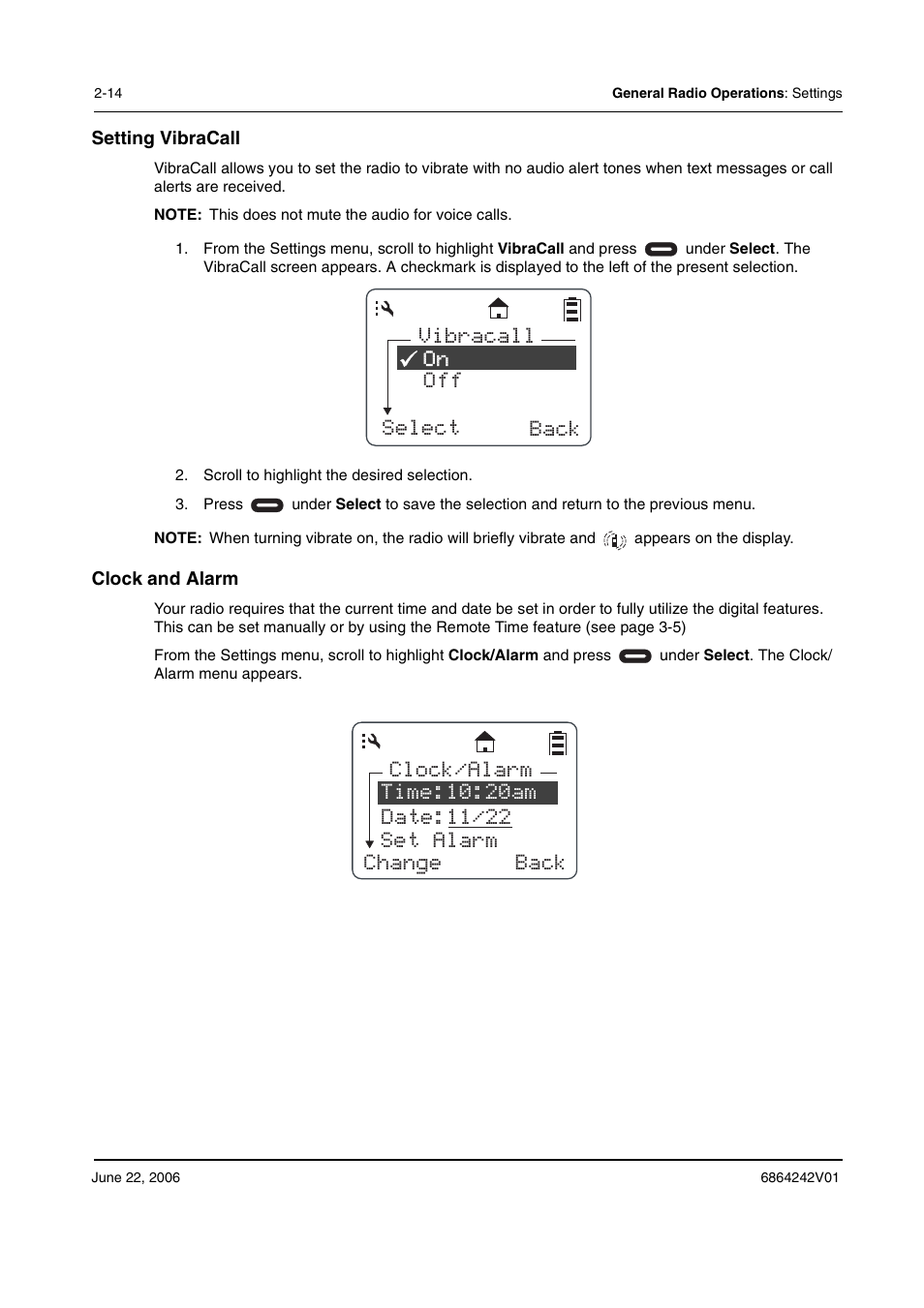 Vibracall off select back | Motorola DTR2430 User Manual | Page 34 / 68