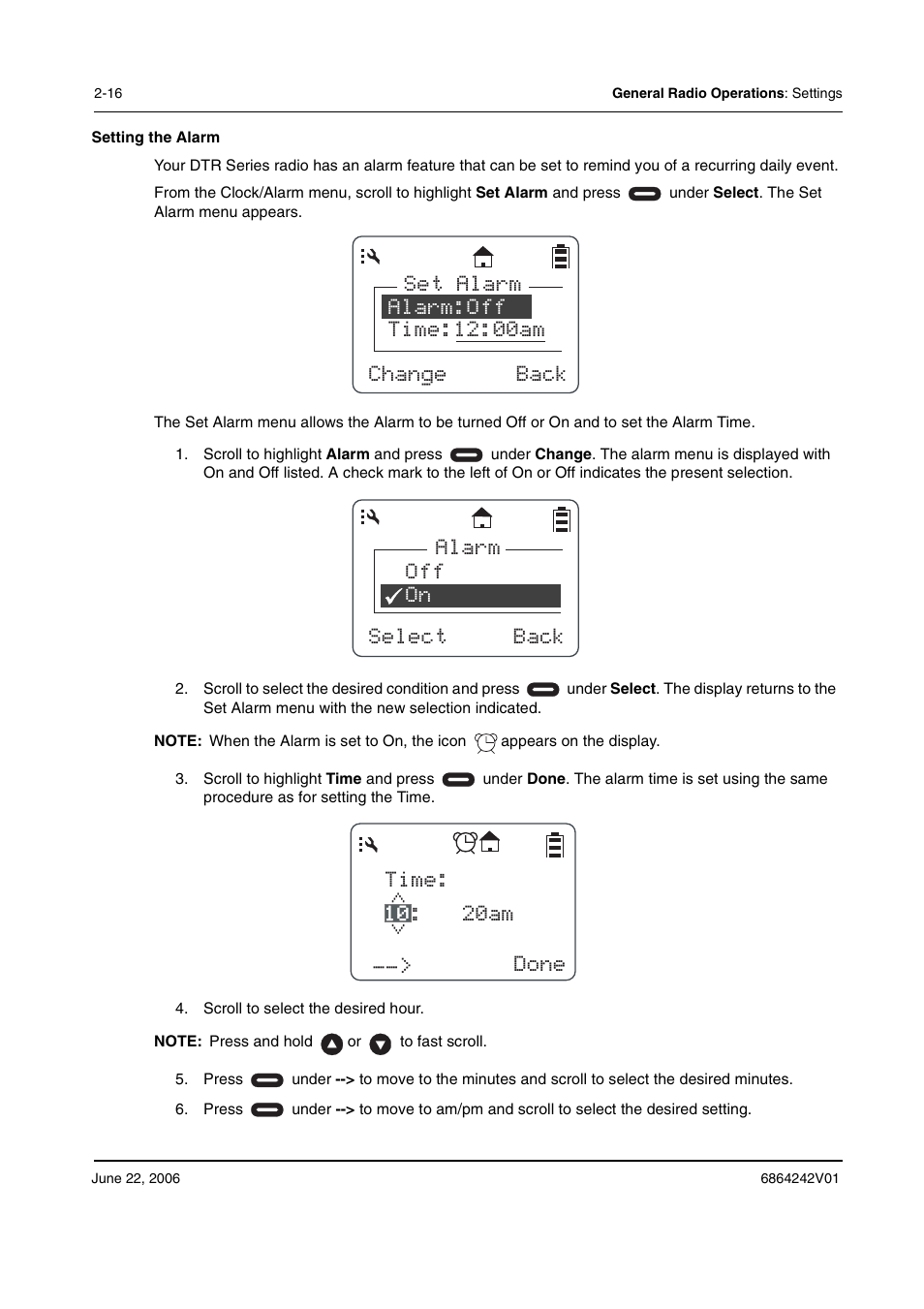 Set alarm alarm:off time:12:00am change back, Alarm off on select back time: : 20am __> done 10 | Motorola DTR2430 User Manual | Page 36 / 68