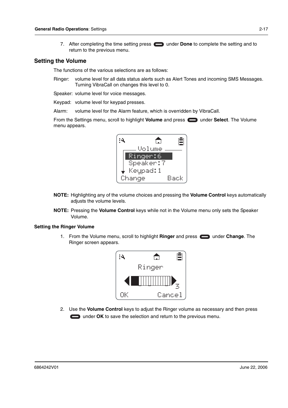 Ok cancel ringer 3, Ringer:6 volume speaker:7 keypad:1 change back | Motorola DTR2430 User Manual | Page 37 / 68