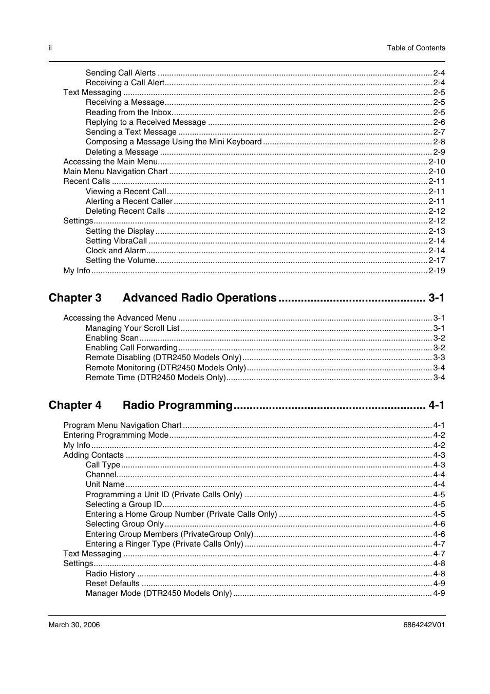 Chapter 3 advanced radio operations -1, Chapter 4 radio programming -1 | Motorola DTR2430 User Manual | Page 4 / 68