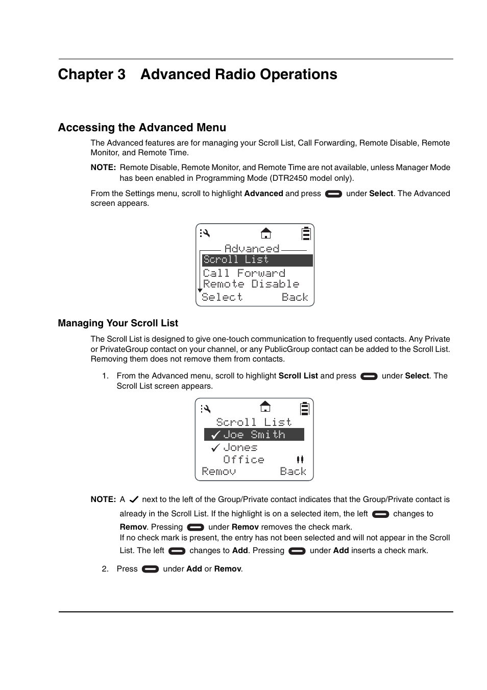 Chapter 3 advanced radio operations, Scroll list joe smith jones office back remov | Motorola DTR2430 User Manual | Page 41 / 68