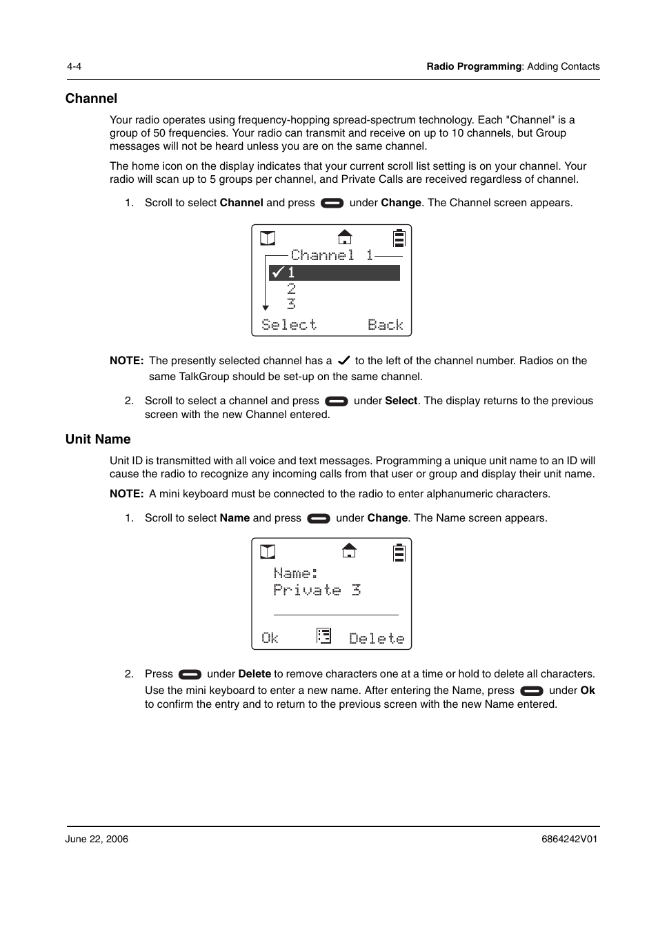 Private 3, 12 select back channel 1, 3ok delete name | Motorola DTR2430 User Manual | Page 48 / 68