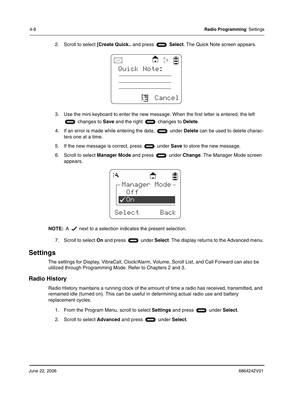 Manager mode off on select back, Settings | Motorola DTR2430 User Manual | Page 52 / 68