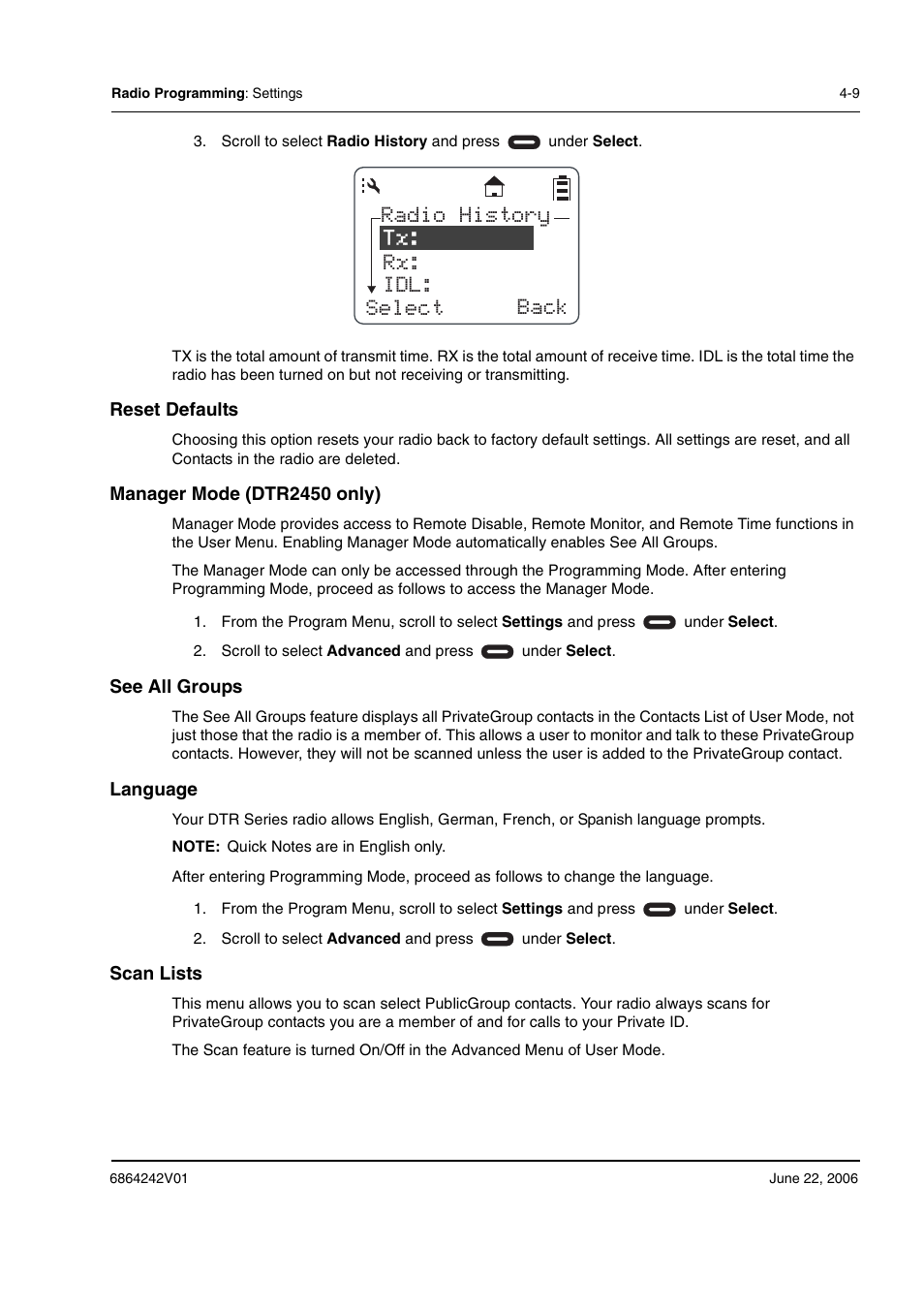 Radio history rx: idl: select back tx | Motorola DTR2430 User Manual | Page 53 / 68