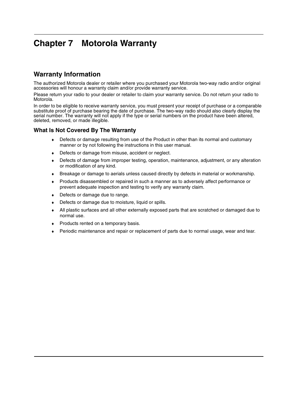 Chapter 7 motorola warranty, Warranty information | Motorola DTR2430 User Manual | Page 61 / 68