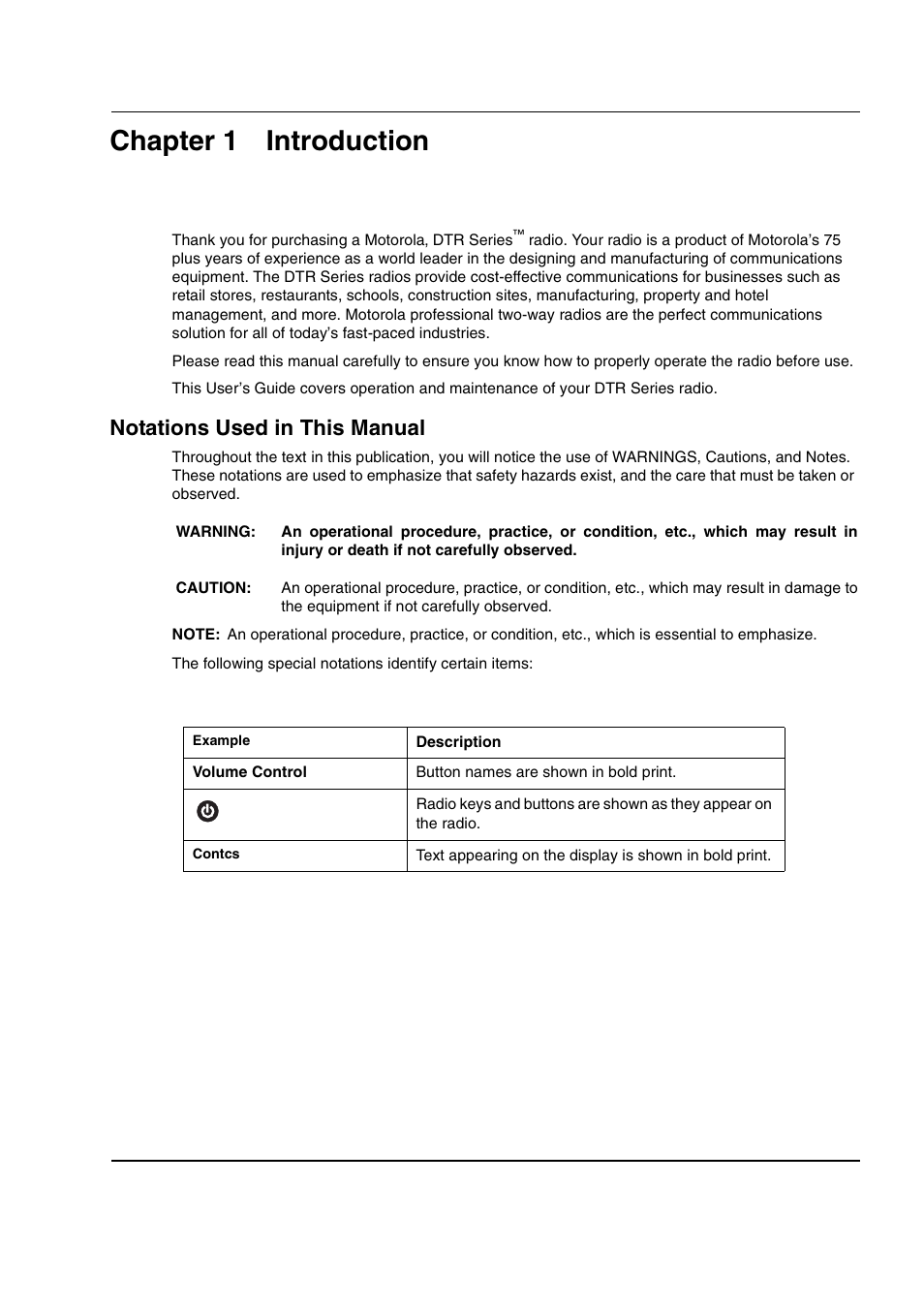 Chapter 1 introduction, Notations used in this manual | Motorola DTR2430 User Manual | Page 7 / 68