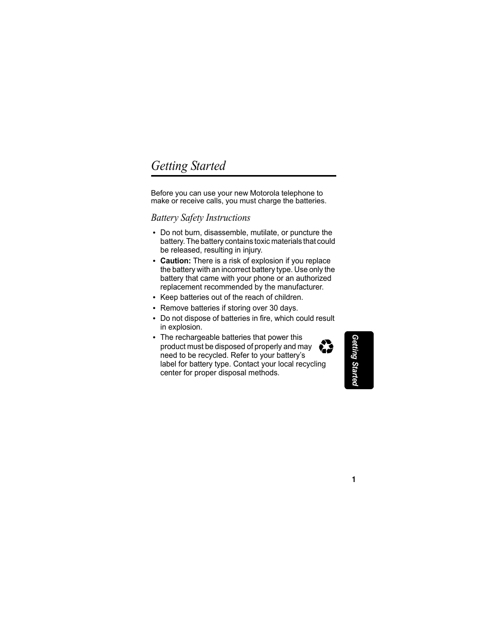 Getting started, Battery safety instructions | Motorola MD4160 Series User Manual | Page 16 / 86