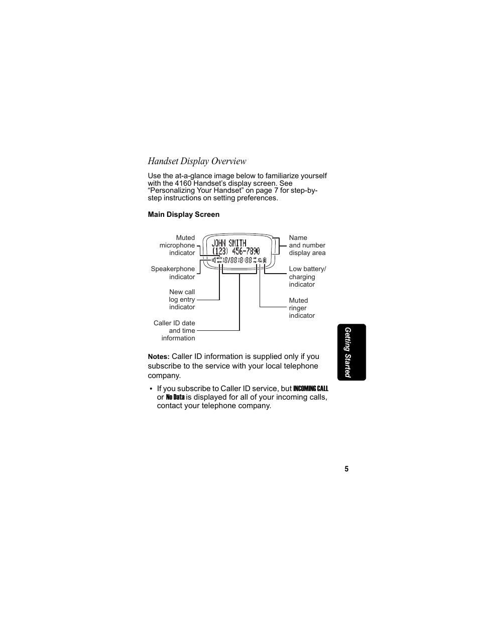 Handset display overview | Motorola MD4160 Series User Manual | Page 20 / 86