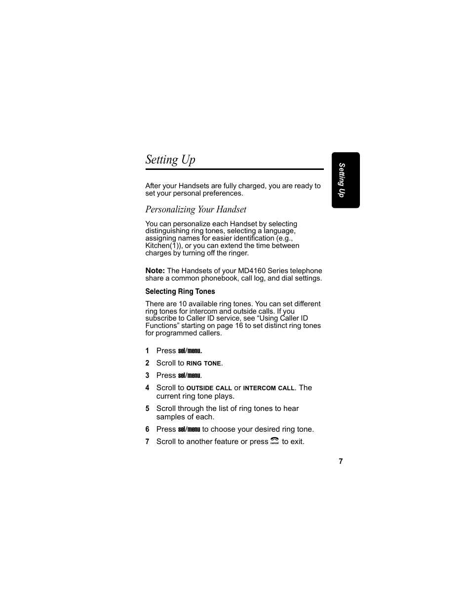 Setting up, Personalizing your handset, Selecting ring tones | Motorola MD4160 Series User Manual | Page 22 / 86