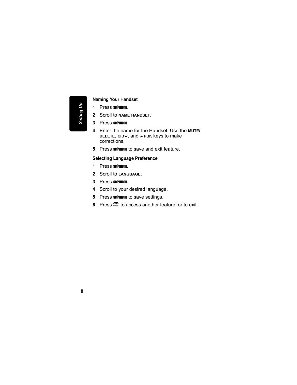 Naming your handset, Selecting language preference, Naming your handset selecting language preference | Motorola MD4160 Series User Manual | Page 23 / 86