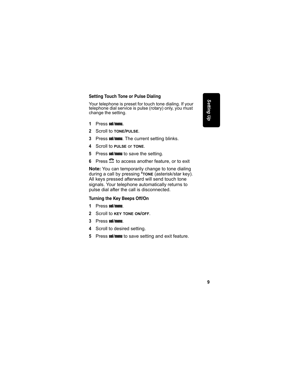 Setting touch tone or pulse dialing, Turning the key beeps off/on | Motorola MD4160 Series User Manual | Page 24 / 86