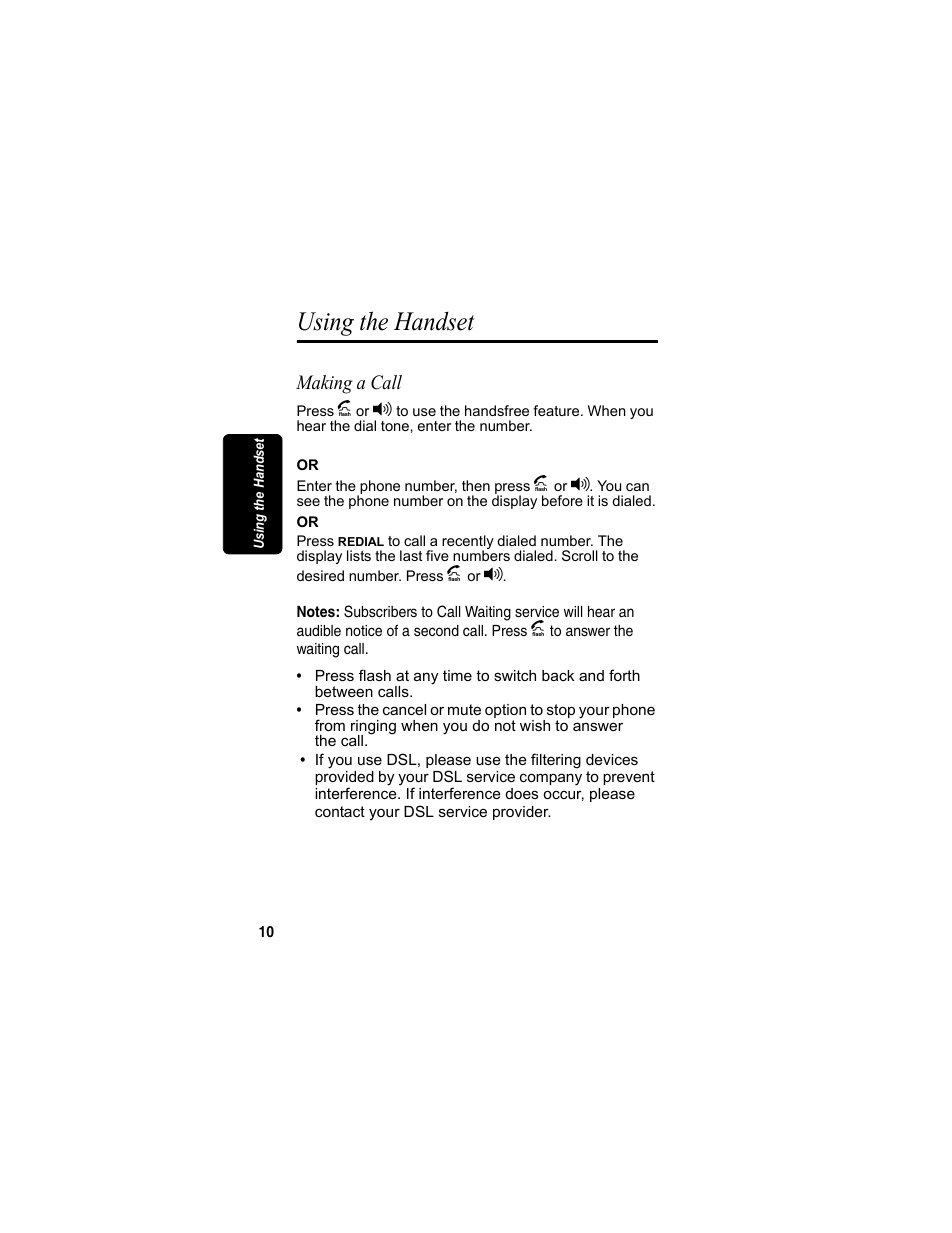 Using the handset, Making a call | Motorola MD4160 Series User Manual | Page 25 / 86