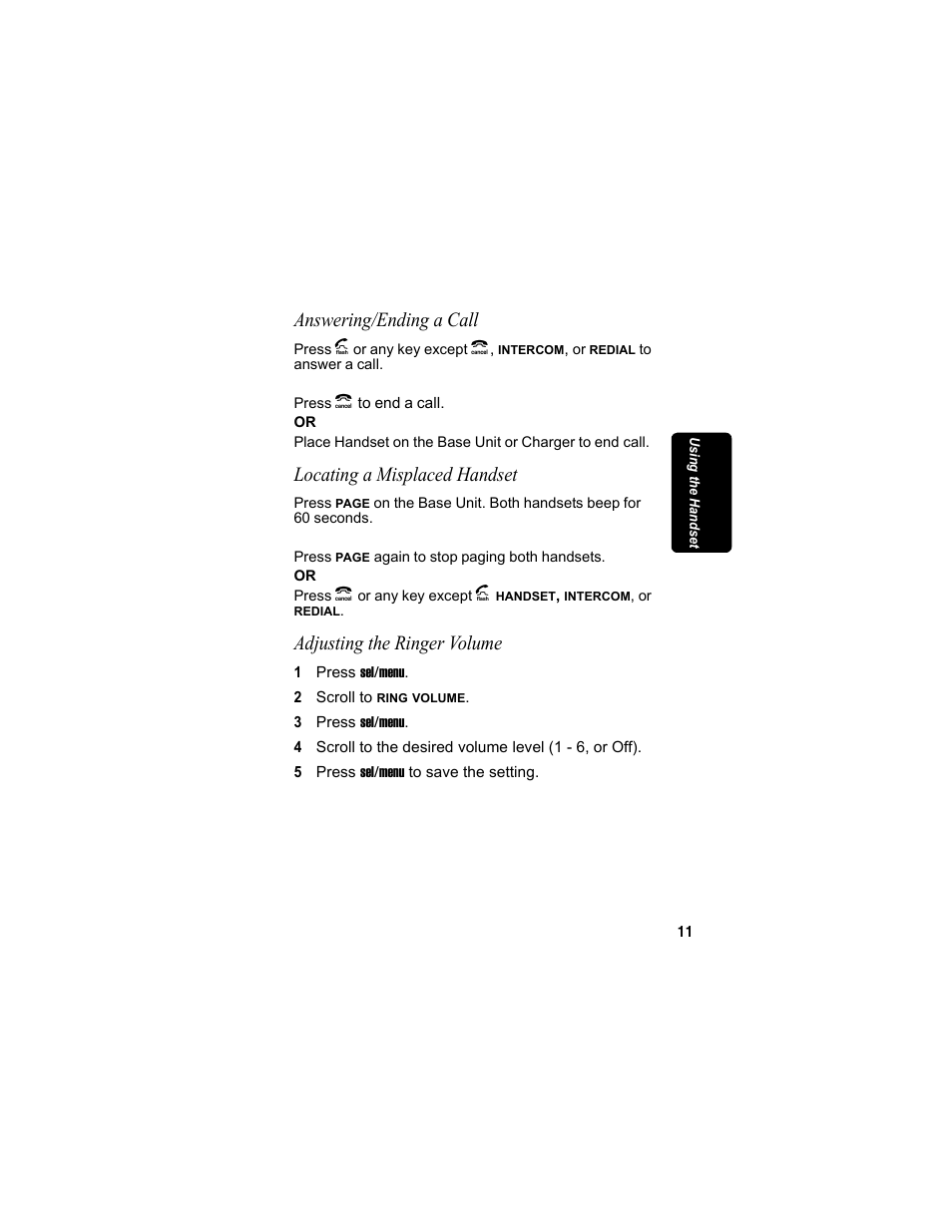 Answering/ending a call, Locating a misplaced handset, Adjusting the ringer volume | Motorola MD4160 Series User Manual | Page 26 / 86