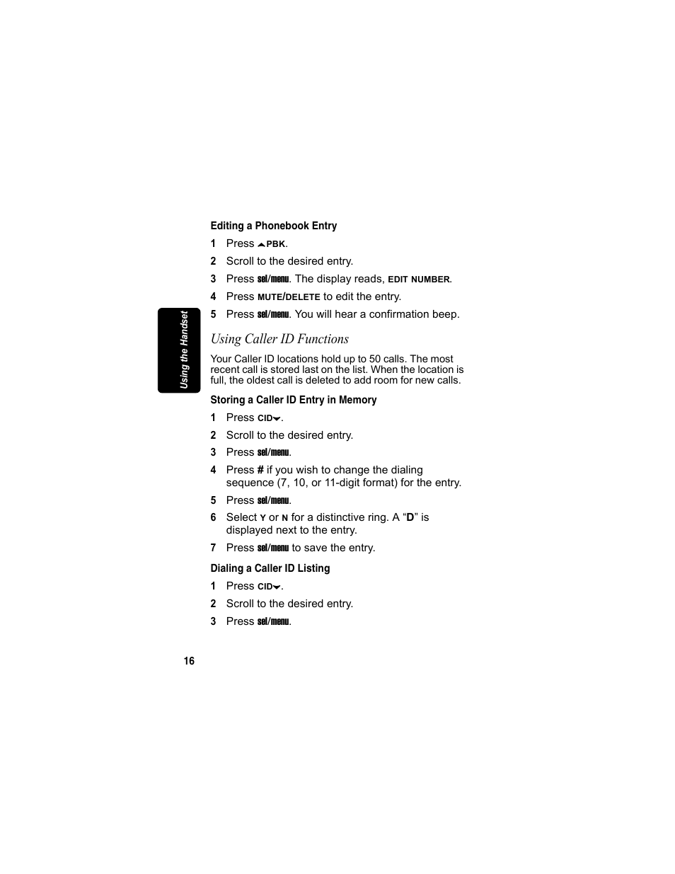 Editing a phonebook entry, Using caller id functions, Storing a caller id entry in memory | Dialing a caller id listing | Motorola MD4160 Series User Manual | Page 31 / 86