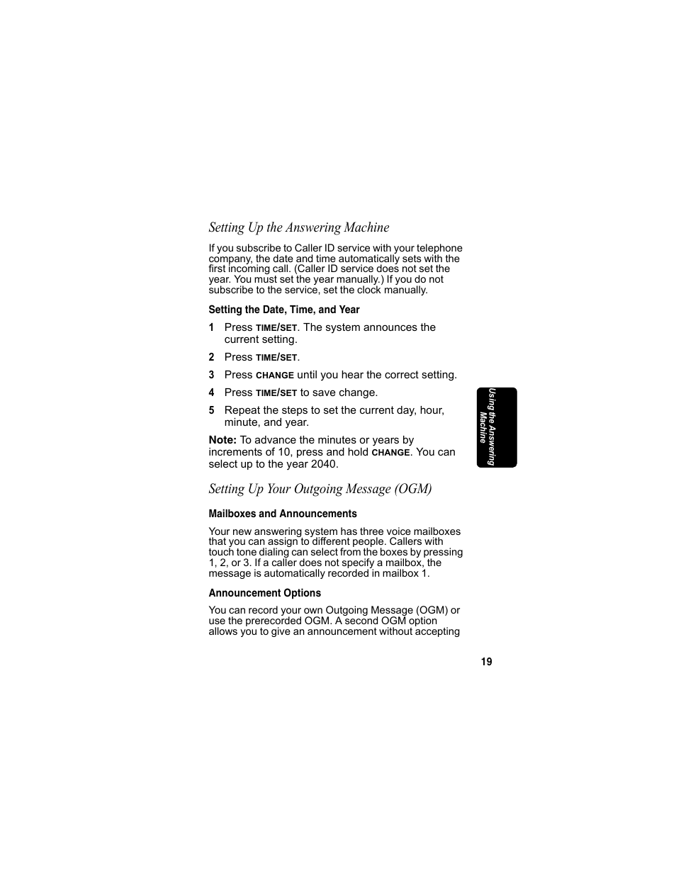 Setting up the answering machine, Setting the date, time, and year, Setting up your outgoing message (ogm) | Mailboxes and announcements, Announcement options, Mailboxes and announcements announcement options | Motorola MD4160 Series User Manual | Page 34 / 86
