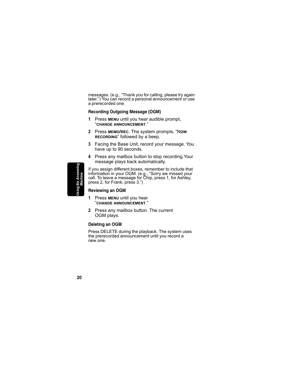 Recording outgoing message (ogm), Reviewing an ogm, Deleting an ogm | Motorola MD4160 Series User Manual | Page 35 / 86