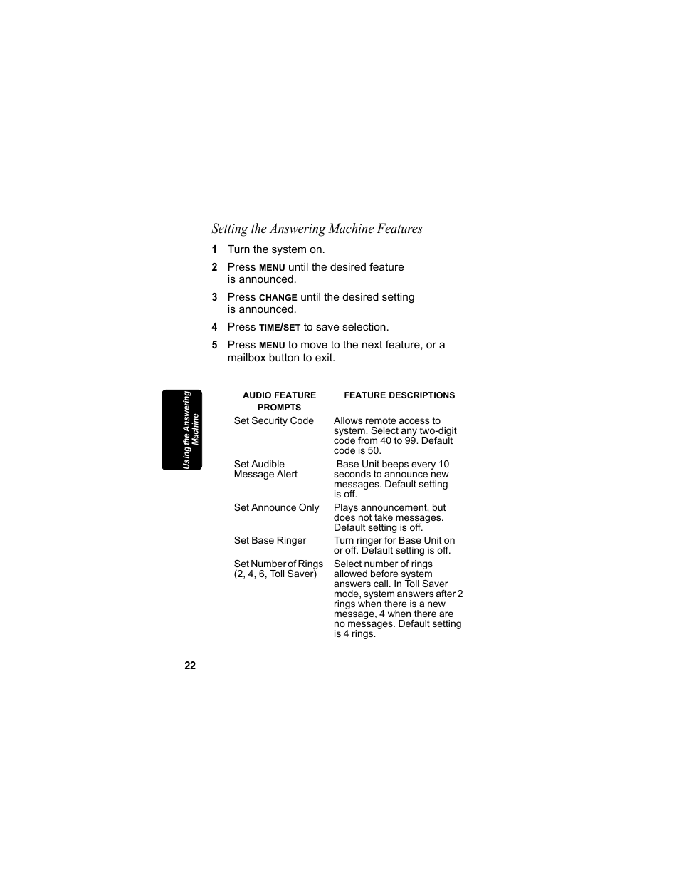Setting the answering machine features | Motorola MD4160 Series User Manual | Page 37 / 86