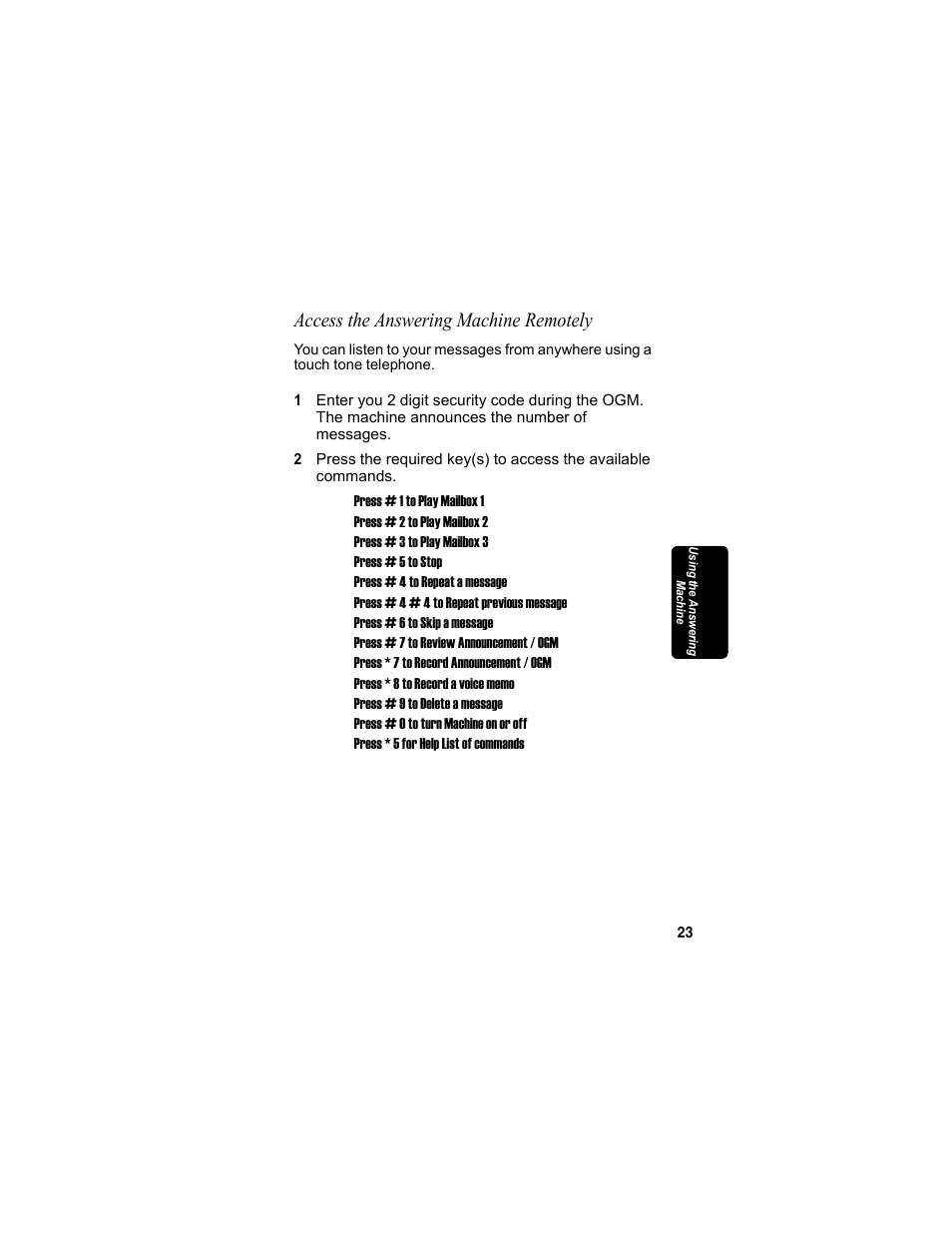 Access the answering machine remotely | Motorola MD4160 Series User Manual | Page 38 / 86