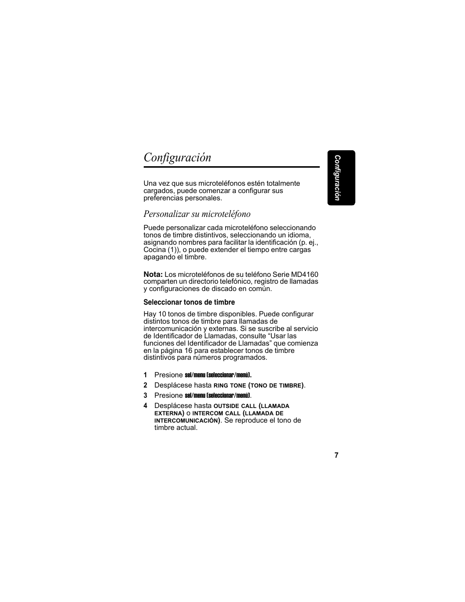 Configuración, Personalizar su microteléfono, Seleccionar tonos de timbre | Motorola MD4160 Series User Manual | Page 64 / 86
