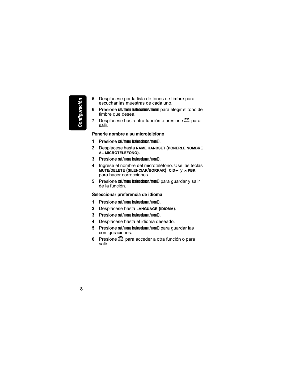 Ponerle nombre a su microteléfono, Seleccionar preferencia de idioma | Motorola MD4160 Series User Manual | Page 65 / 86