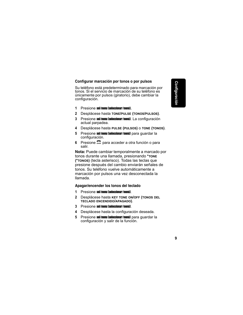 Configurar marcación por tonos o por pulsos, Apagar/encender los tonos del teclado | Motorola MD4160 Series User Manual | Page 66 / 86