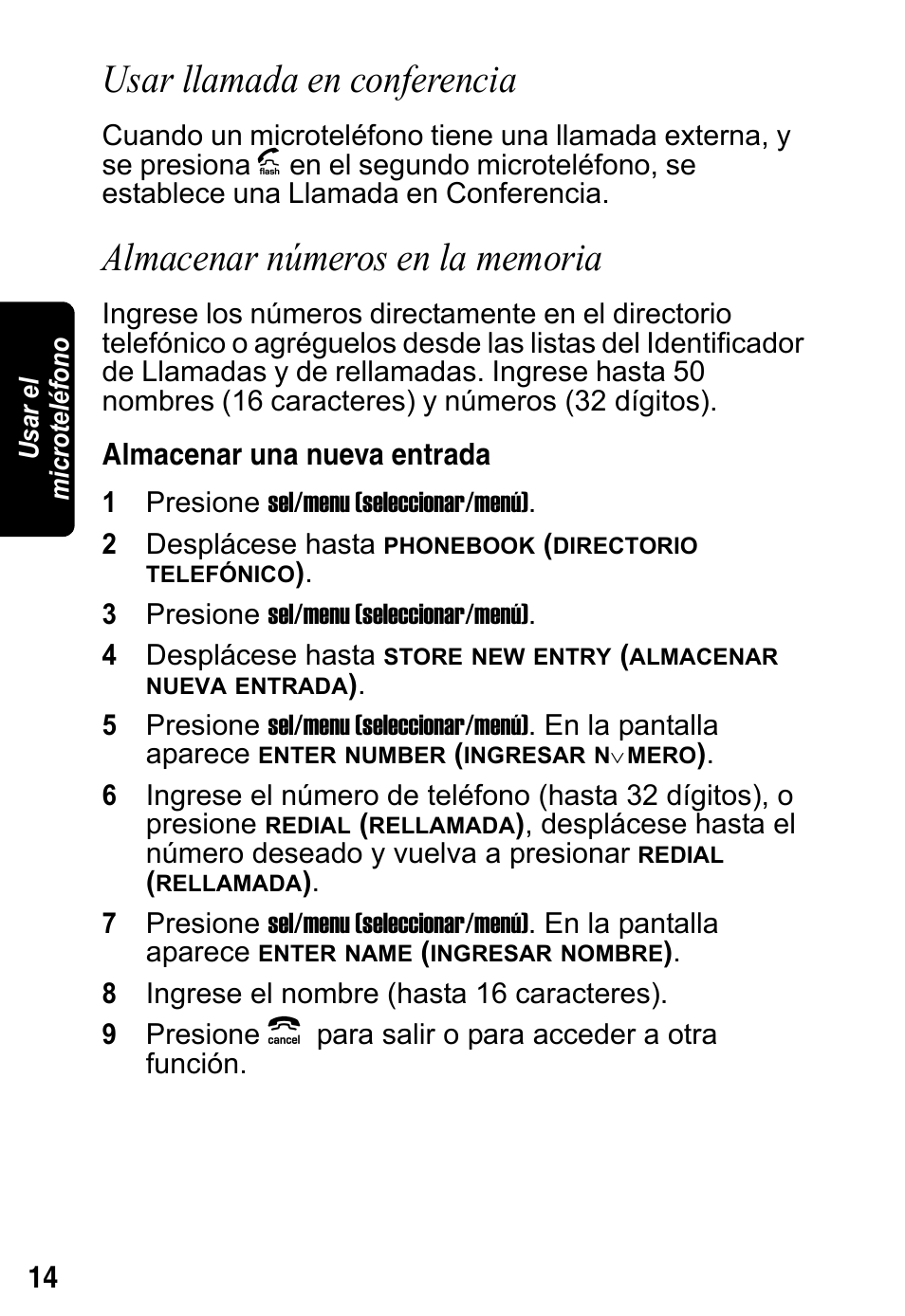 Usar llamada en conferencia, Almacenar números en la memoria, Almacenar una nueva entrada | Motorola MD4160 Series User Manual | Page 71 / 86