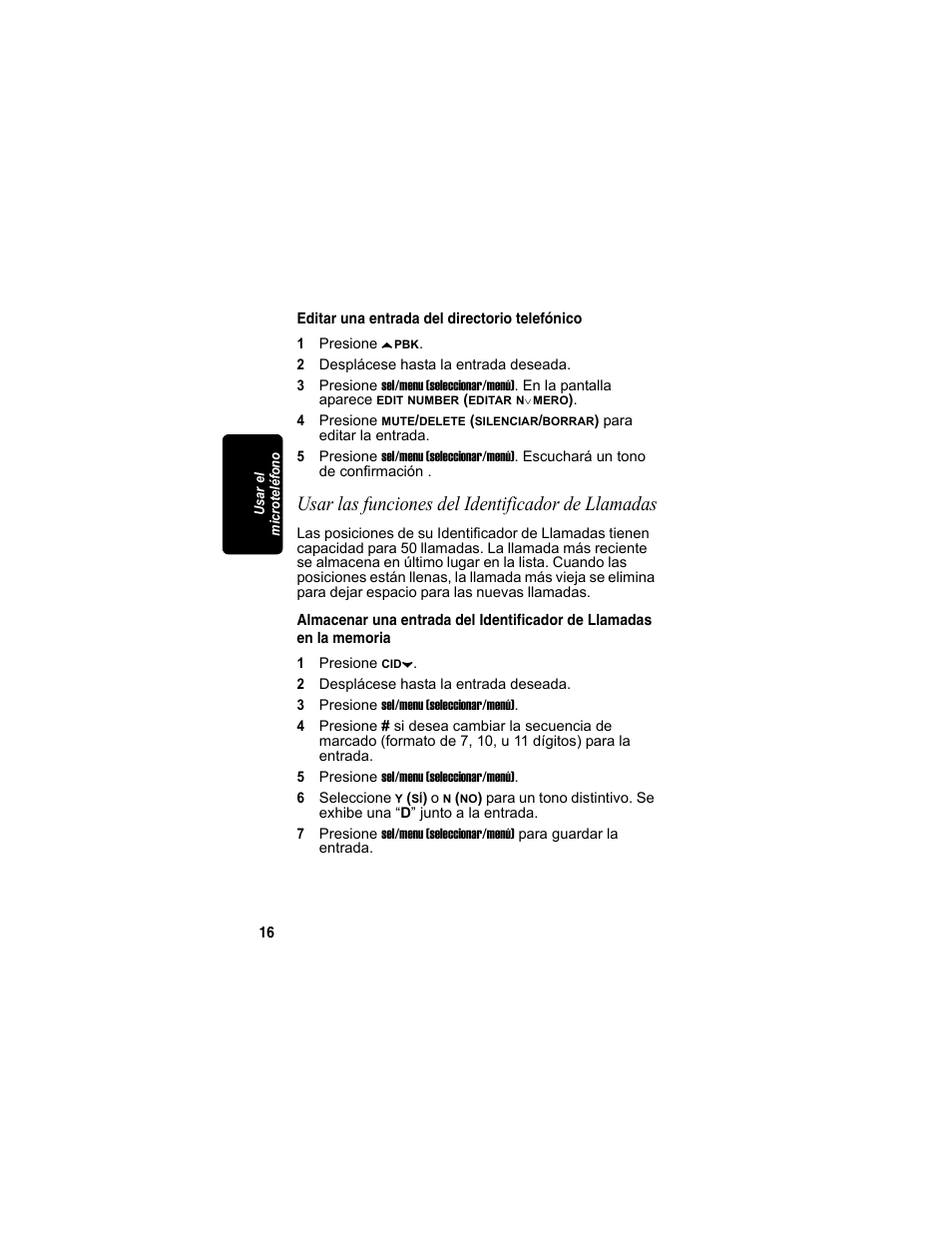 Editar una entrada del directorio telefónico, Usar las funciones del identificador de llamadas | Motorola MD4160 Series User Manual | Page 73 / 86