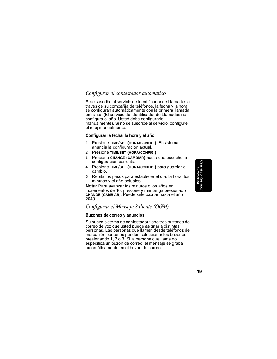 Configurar el contestador automático, Configurar la fecha, la hora y el año, Configurar el mensaje saliente (ogm) | Buzones de correo y anuncios | Motorola MD4160 Series User Manual | Page 76 / 86