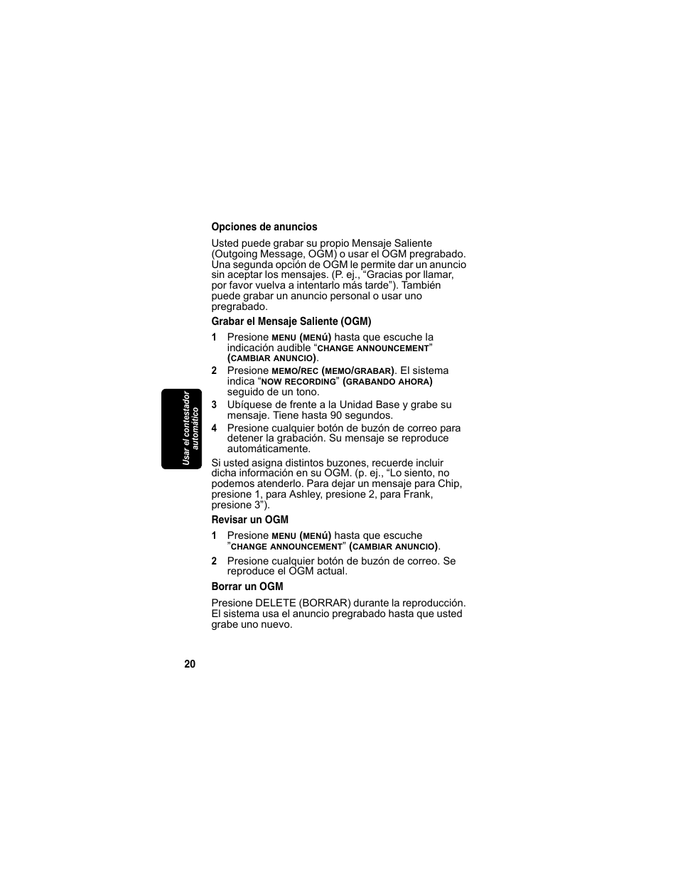 Opciones de anuncios, Grabar el mensaje saliente (ogm), Revisar un ogm | Borrar un ogm | Motorola MD4160 Series User Manual | Page 77 / 86