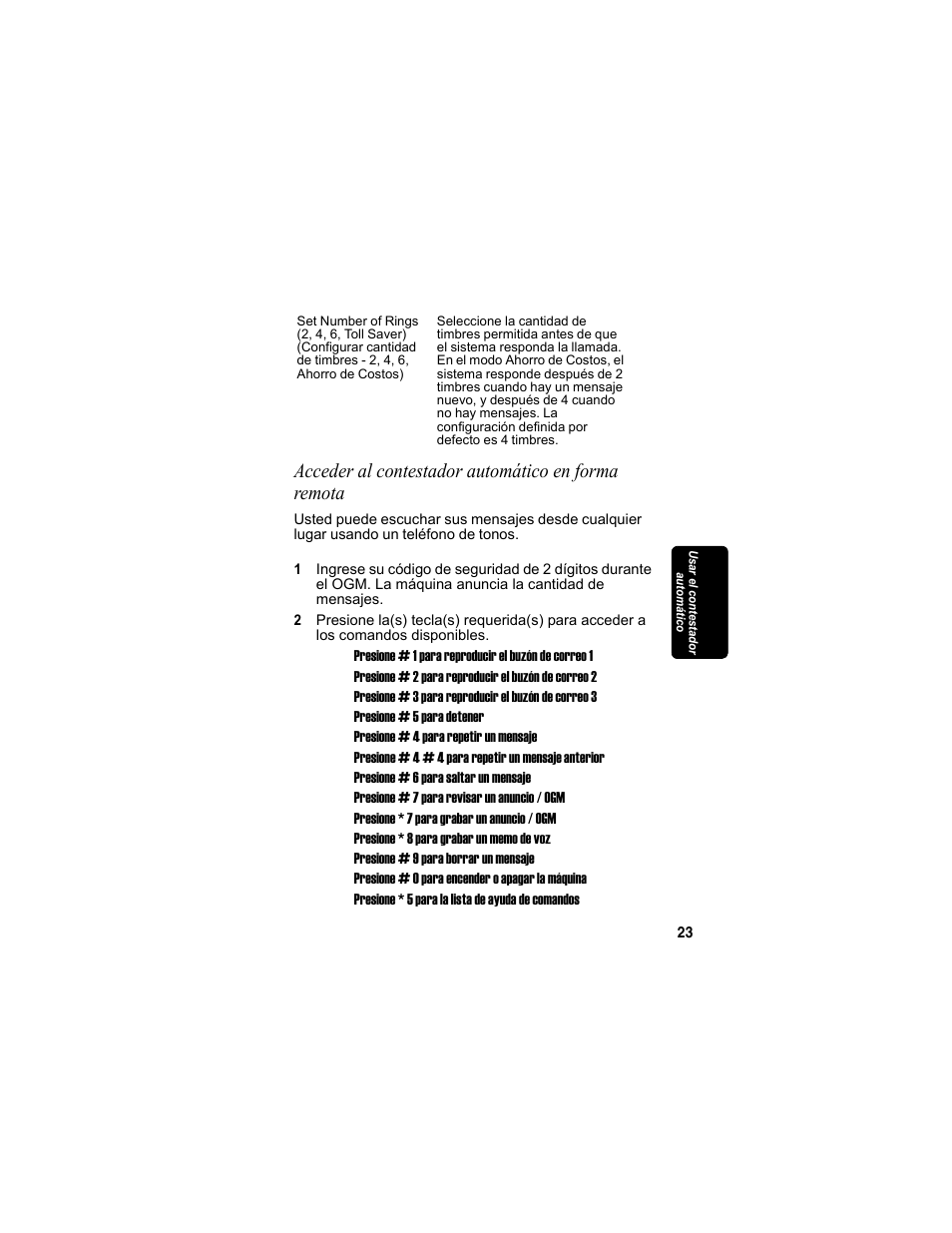 Acceder al contestador automático en forma remota | Motorola MD4160 Series User Manual | Page 80 / 86