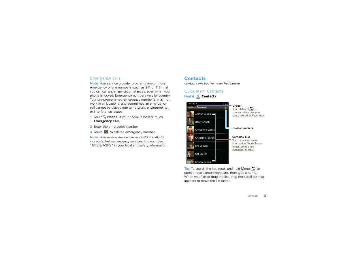 Emergency calls, Contacts, Quick start: contacts | Motorola 68000202881-A User Manual | Page 15 / 70