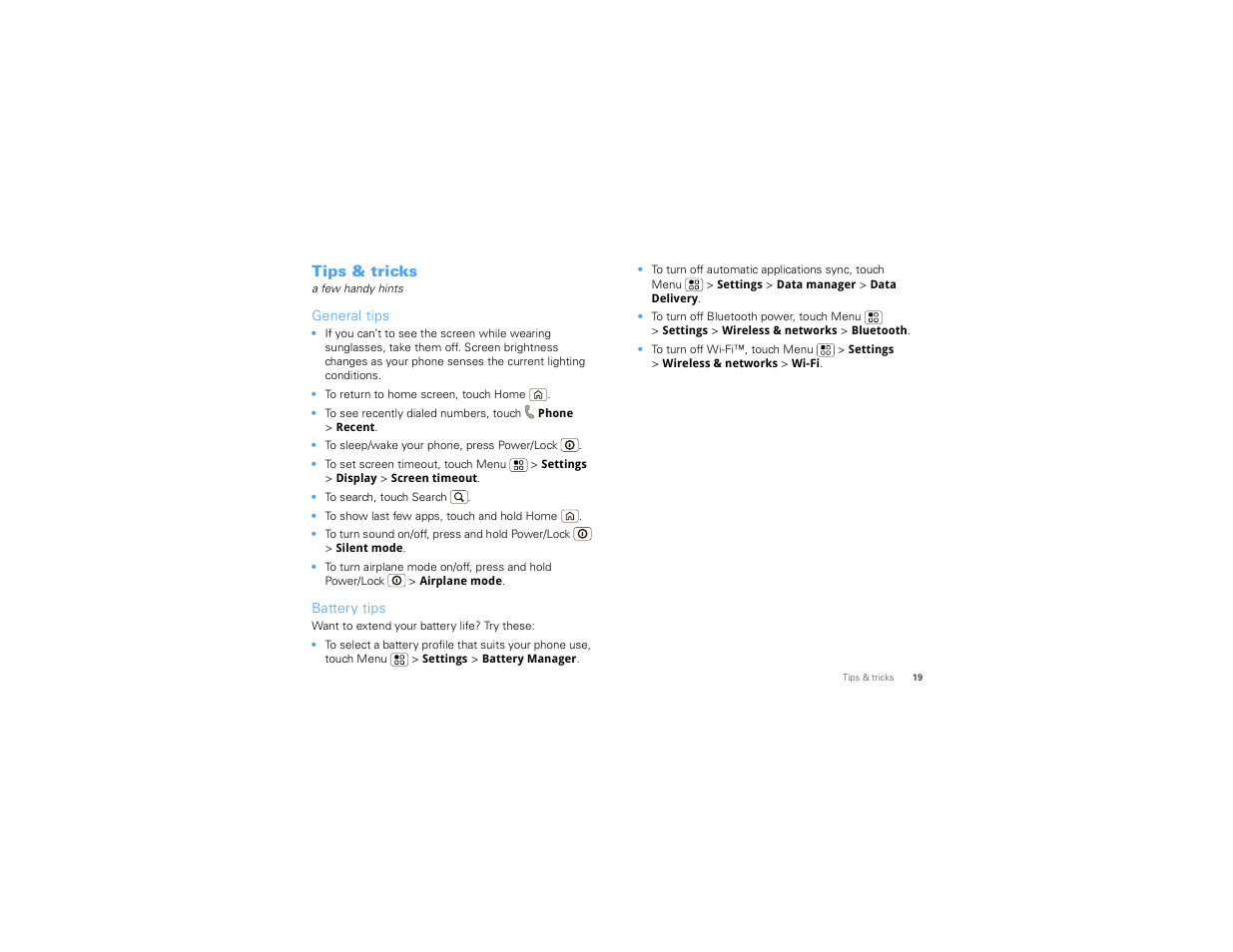 Tips & tricks, General tips, Battery tips | Motorola 68000202881-A User Manual | Page 21 / 70