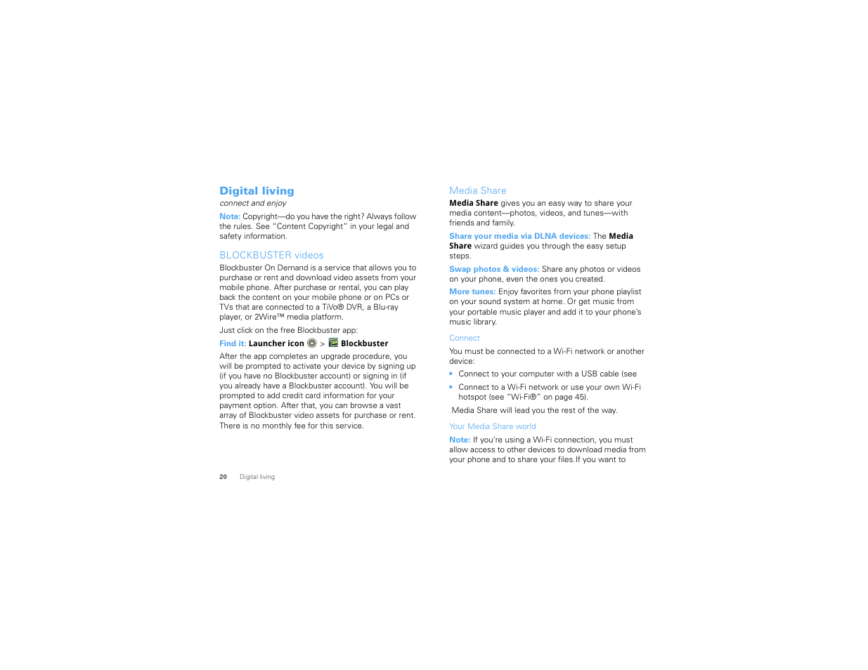 Digital living, Blockbuster videos, Media share | Motorola 68000202881-A User Manual | Page 22 / 70